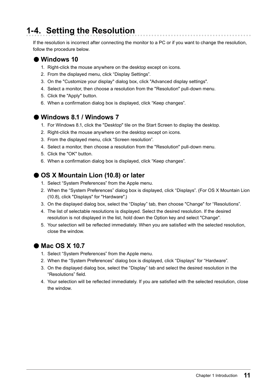 4. setting the resolution, Windows 10, Windows 8.1 / windows 7 | Os x mountain lion (10.8) or later, Mac os x 10.7 | Eizo FlexScan EV2456 24.1" 16:10 IPS Monitor User Manual | Page 11 / 49
