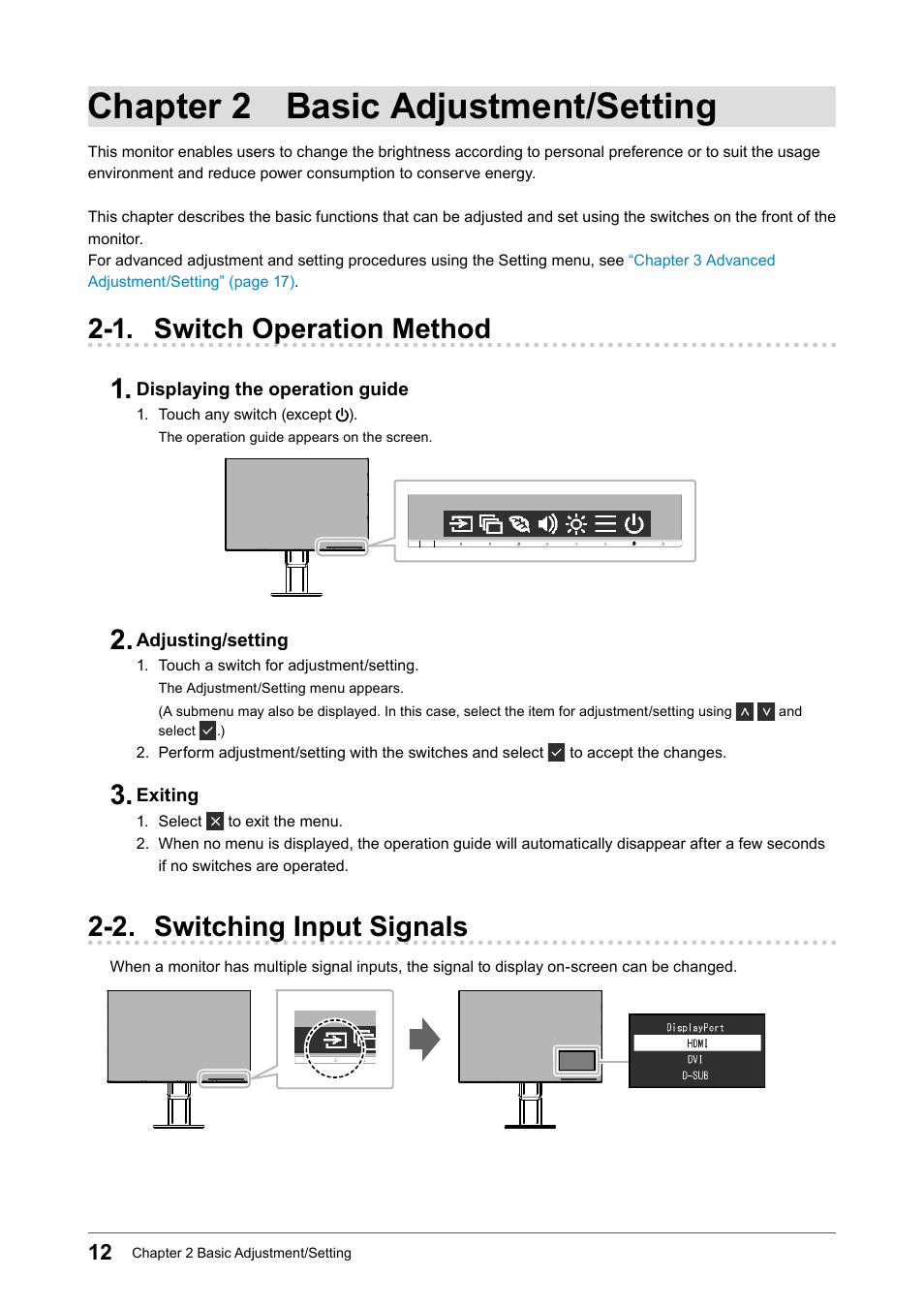 Chapter 2 basic adjustment/setting, 1. switch operation method, 2. switching input signals | 1. switch operation method 1 | Eizo FlexScan EV2456 24.1" 16:10 IPS Monitor User Manual | Page 12 / 49