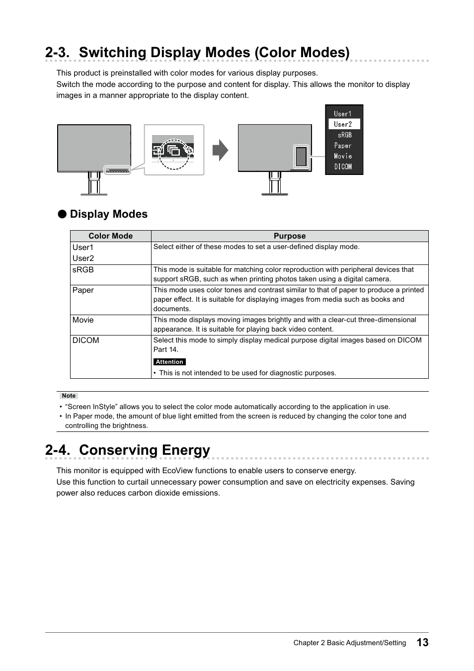 3. switching display modes (color modes), Display modes, 4. conserving energy | Eizo FlexScan EV2456 24.1" 16:10 IPS Monitor User Manual | Page 13 / 49