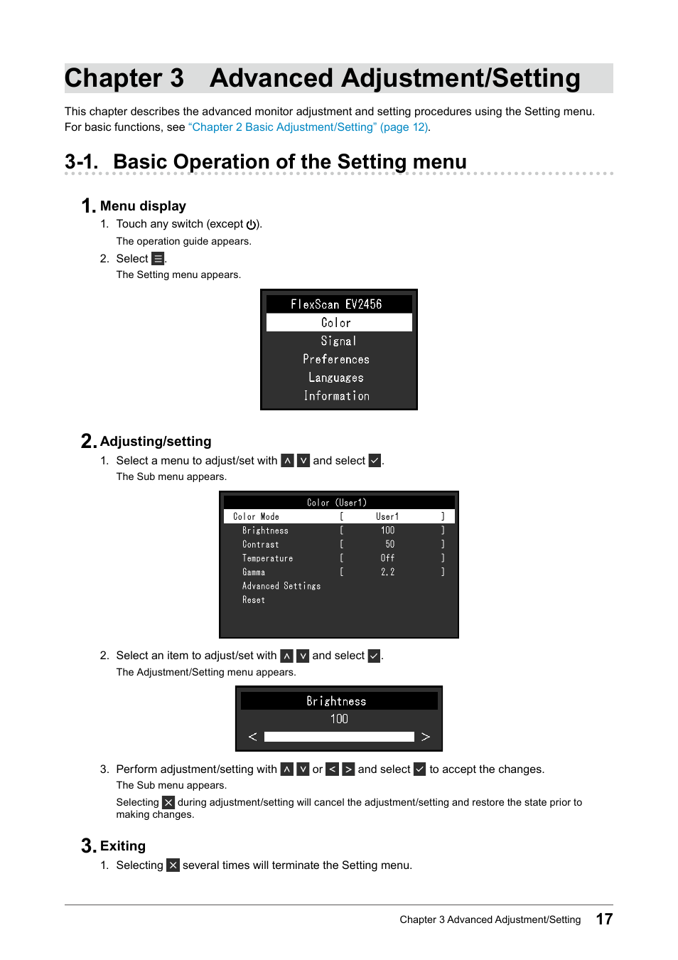 Chapter 3 advanced adjustment/setting, 1. basic operation of the setting menu, 1. basic operation of the setting menu 1 | Eizo FlexScan EV2456 24.1" 16:10 IPS Monitor User Manual | Page 17 / 49