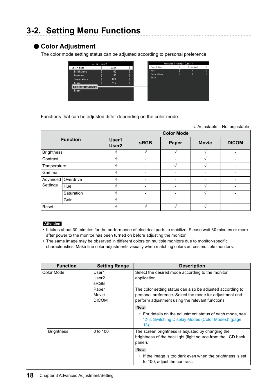 2. setting menu functions, Color adjustment | Eizo FlexScan EV2456 24.1" 16:10 IPS Monitor User Manual | Page 18 / 49