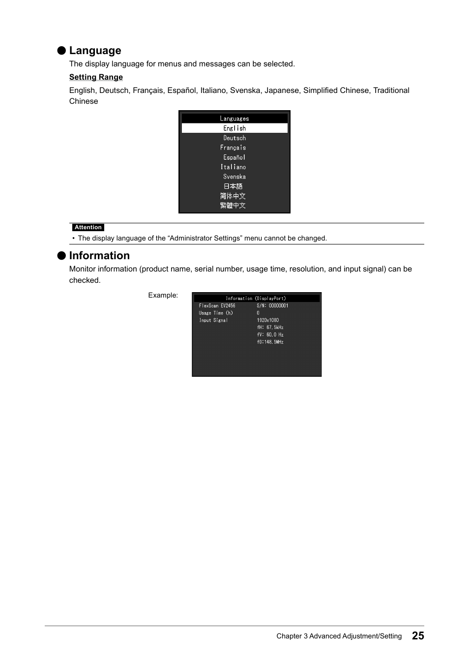 Language, Information | Eizo FlexScan EV2456 24.1" 16:10 IPS Monitor User Manual | Page 25 / 49