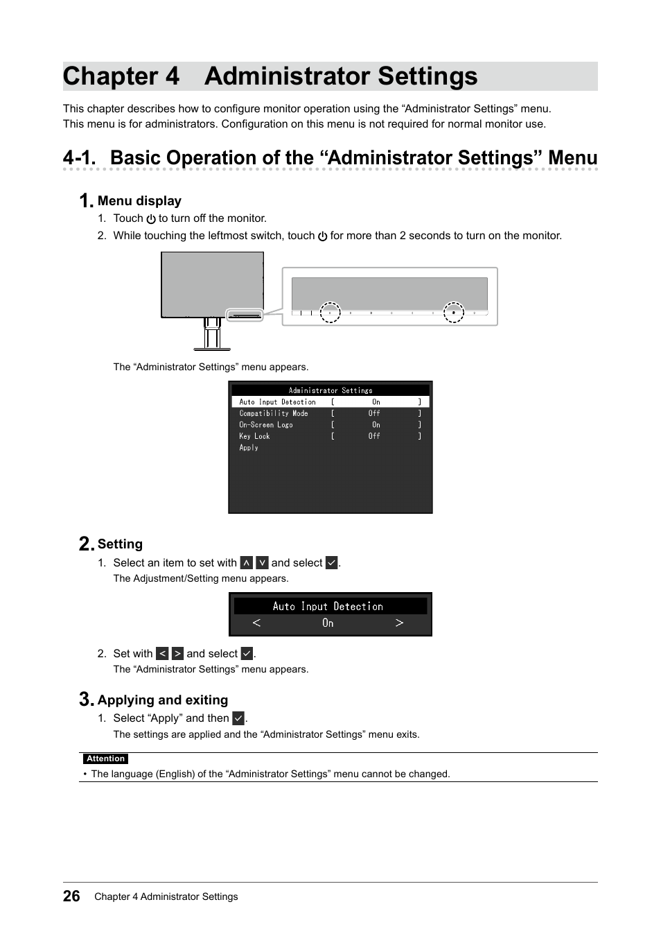 Chapter 4 administrator settings, 1. basic operation of the “administrator, Settings” menu | Eizo FlexScan EV2456 24.1" 16:10 IPS Monitor User Manual | Page 26 / 49