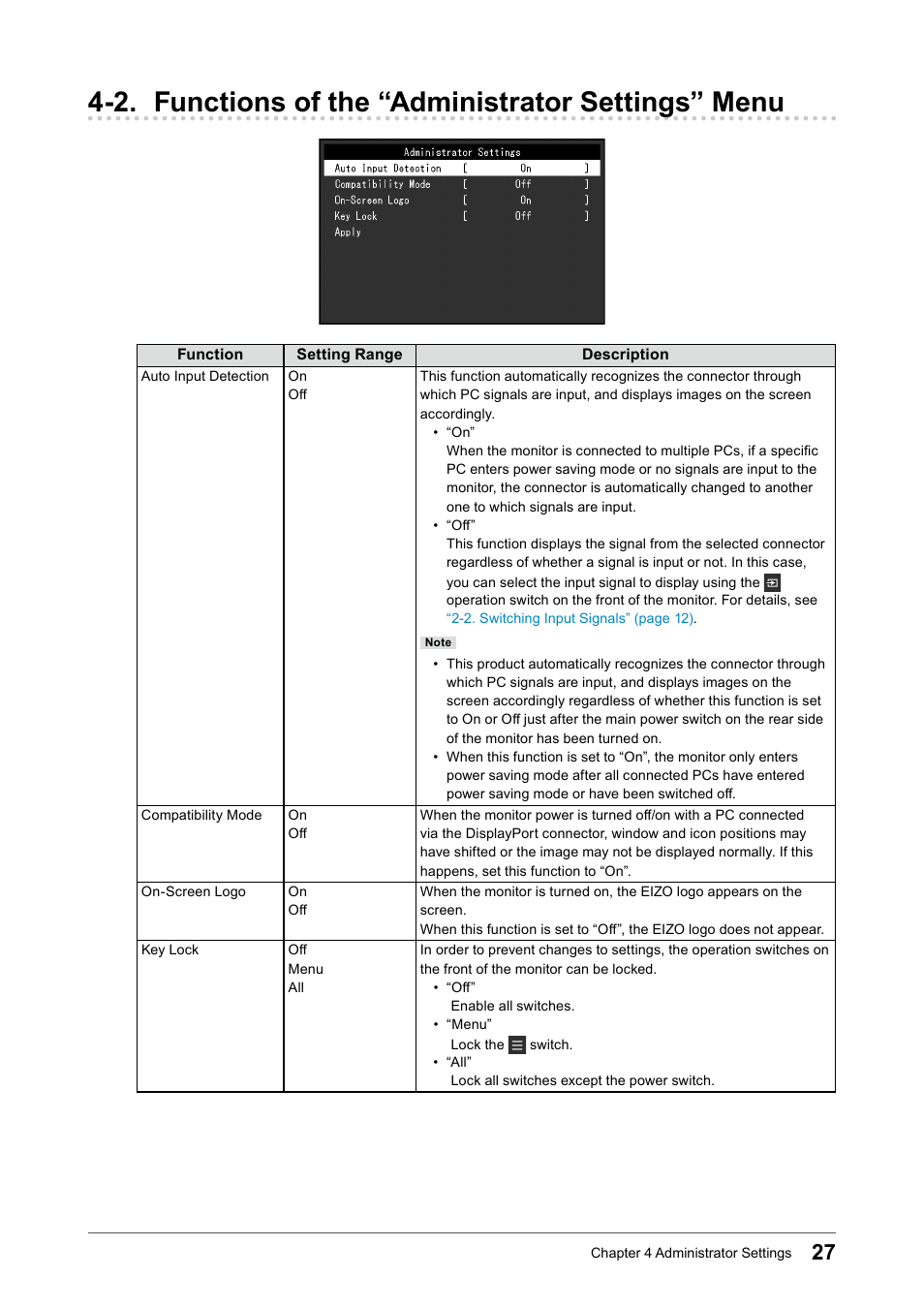 2. functions of the “administrator settings” menu, 2. functions of the “administrator, Settings” menu | Eizo FlexScan EV2456 24.1" 16:10 IPS Monitor User Manual | Page 27 / 49