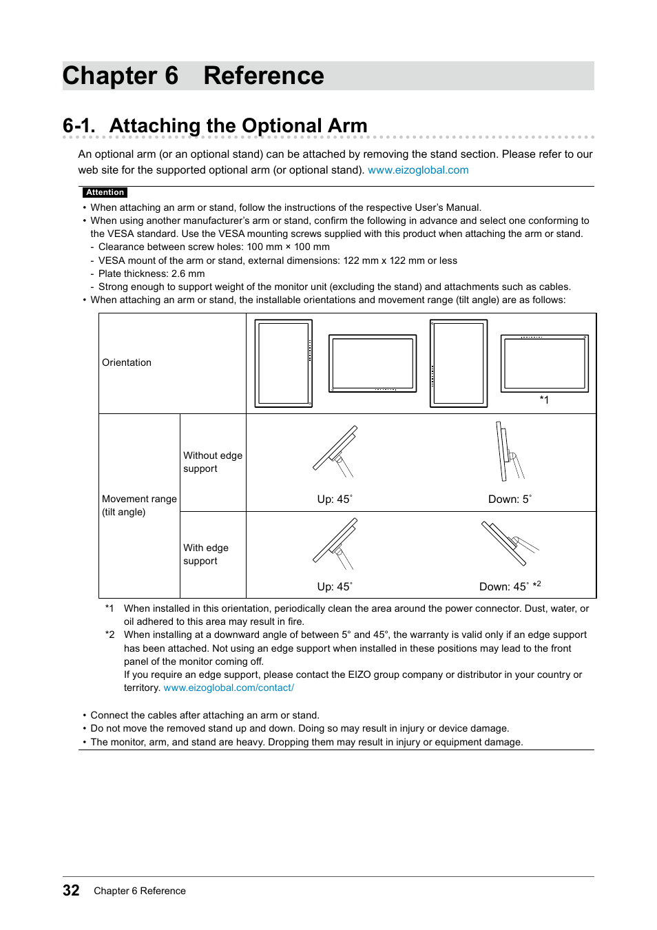 Chapter 6 reference, 1. attaching the optional arm | Eizo FlexScan EV2456 24.1" 16:10 IPS Monitor User Manual | Page 32 / 49