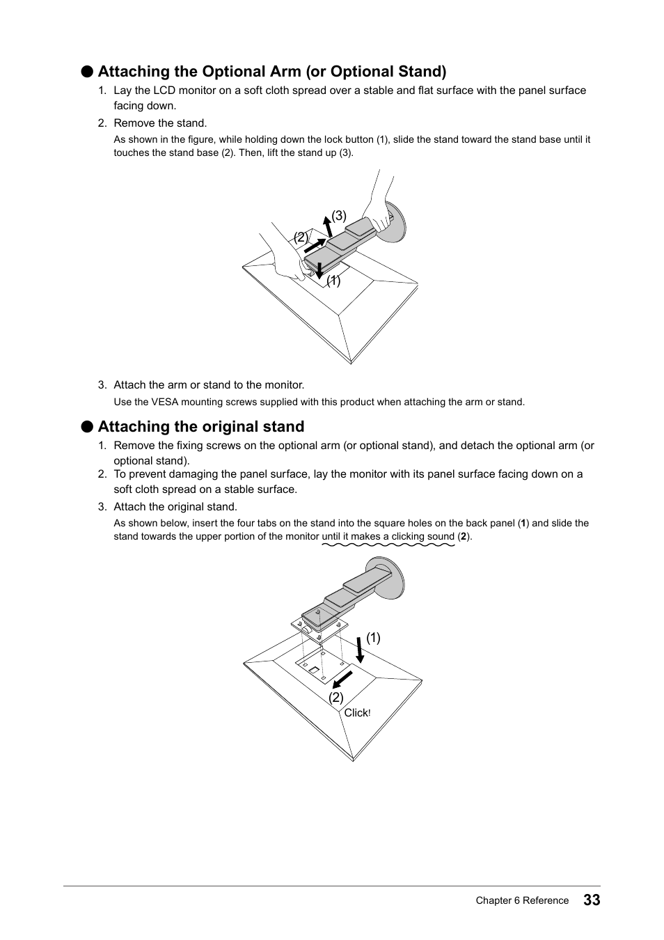 Attaching the optional arm (or optional stand), Attaching the original stand, Attaching the optional arm | Or optional stand) | Eizo FlexScan EV2456 24.1" 16:10 IPS Monitor User Manual | Page 33 / 49