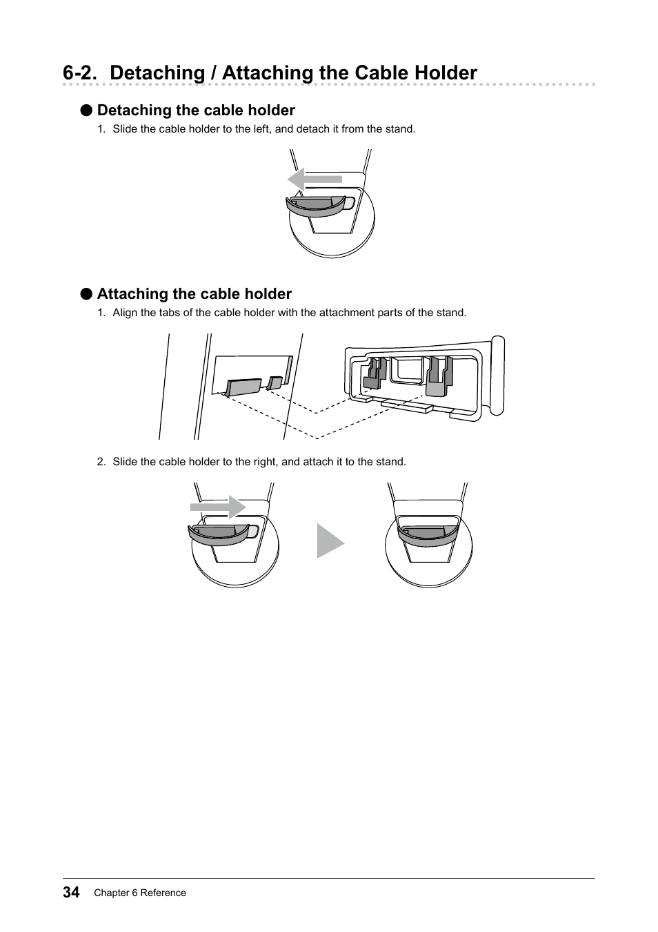 2. detaching / attaching the cable holder, Detaching the cable holder, Attaching the cable holder | Eizo FlexScan EV2456 24.1" 16:10 IPS Monitor User Manual | Page 34 / 49