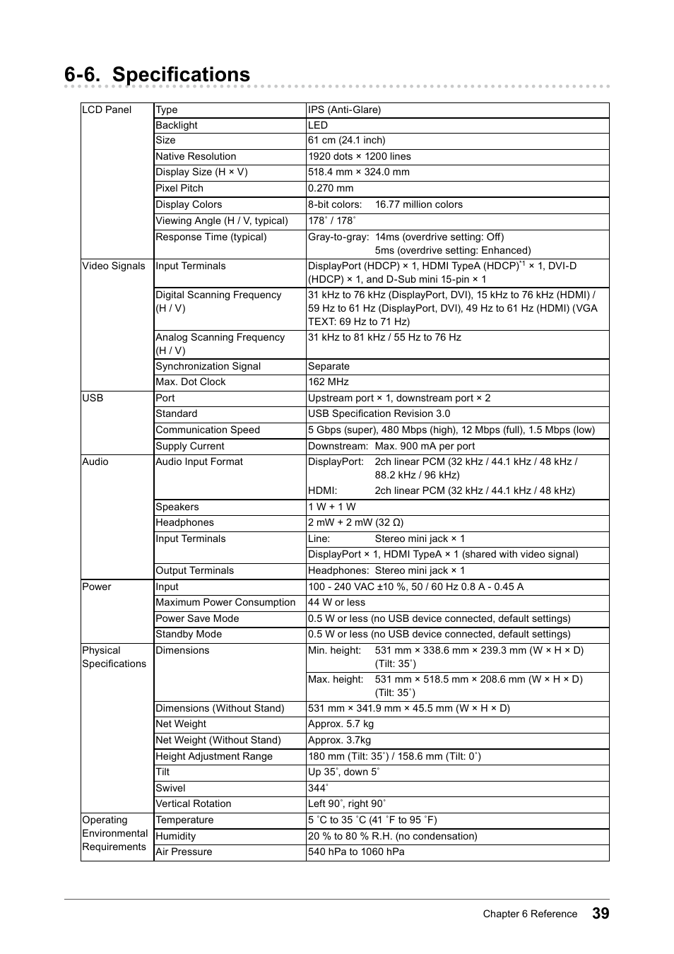 6. specifications | Eizo FlexScan EV2456 24.1" 16:10 IPS Monitor User Manual | Page 39 / 49
