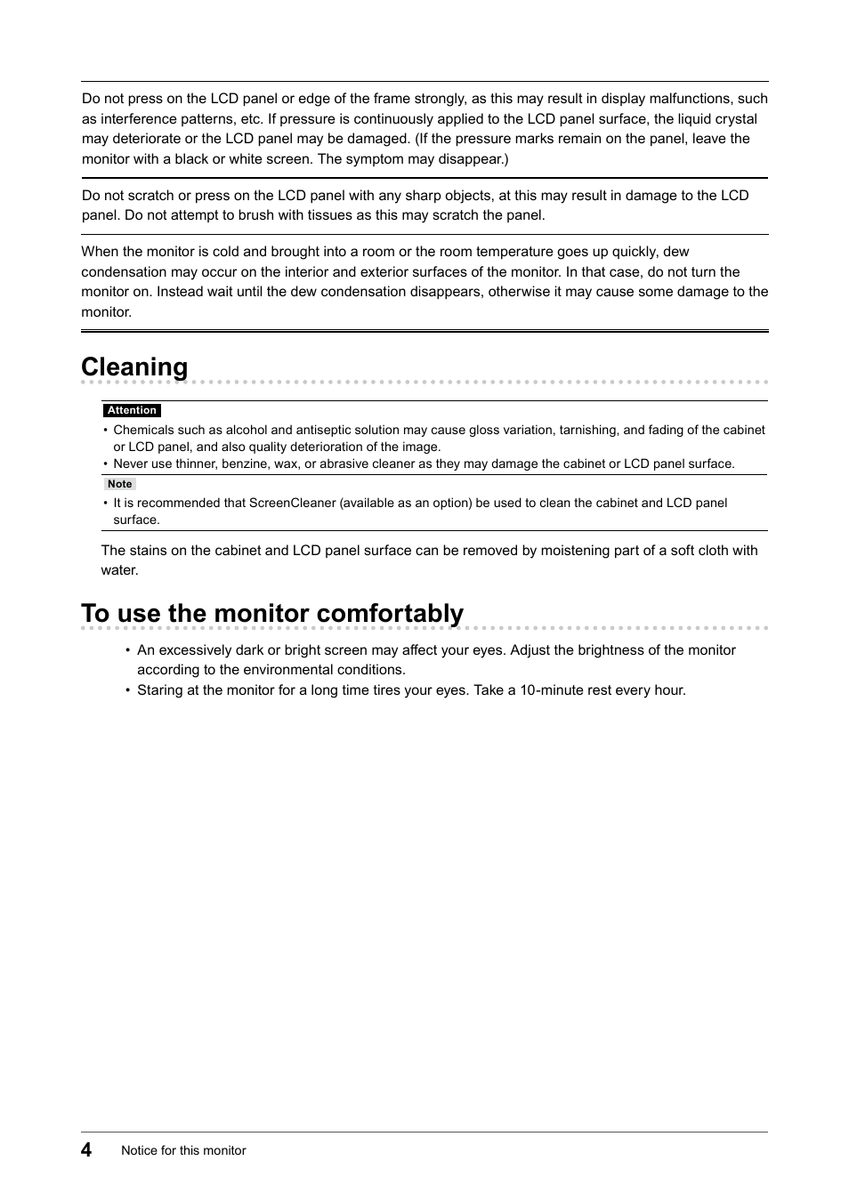 Cleaning, To use the monitor comfortably | Eizo FlexScan EV2456 24.1" 16:10 IPS Monitor User Manual | Page 4 / 49