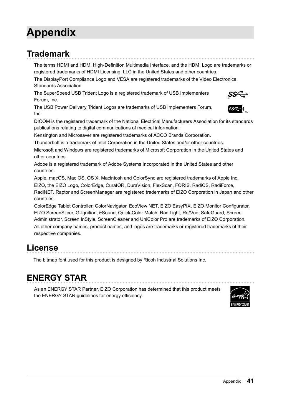 Appendix, Trademark, License | Energy star | Eizo FlexScan EV2456 24.1" 16:10 IPS Monitor User Manual | Page 41 / 49