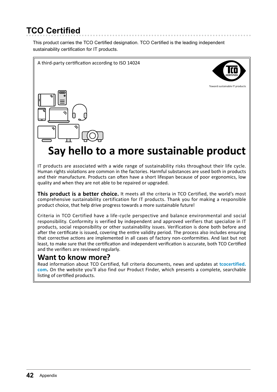 Tco certified, Say hello to a more sustainable product, Want to know more | Eizo FlexScan EV2456 24.1" 16:10 IPS Monitor User Manual | Page 42 / 49