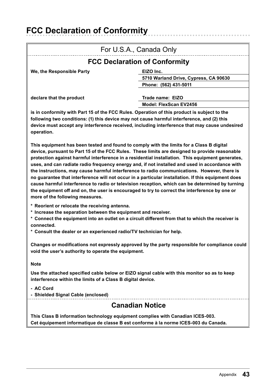 Fcc declaration of conformity, Canadian notice | Eizo FlexScan EV2456 24.1" 16:10 IPS Monitor User Manual | Page 43 / 49