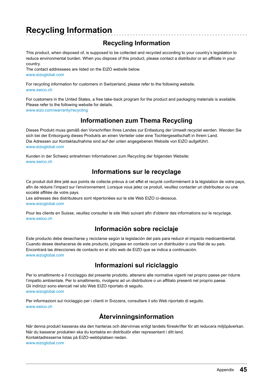 Recycling information, Informationen zum thema recycling, Informations sur le recyclage | Información sobre reciclaje, Informazioni sul riciclaggio, Återvinningsinformation | Eizo FlexScan EV2456 24.1" 16:10 IPS Monitor User Manual | Page 45 / 49