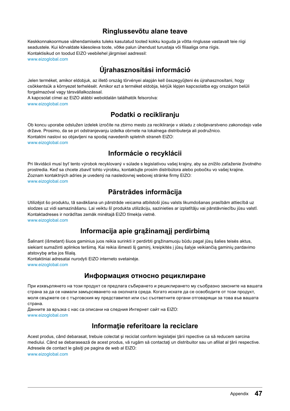 Ringlussevõtu alane teave, Újrahasznosítási információ, Podatki o recikliranju | Informácie o recyklácii, Pārstrādes informācija, Informacija apie grąžinamąjį perdirbimą, Информация относно рециклиране, Informaţie referitoare la reciclare | Eizo FlexScan EV2456 24.1" 16:10 IPS Monitor User Manual | Page 47 / 49