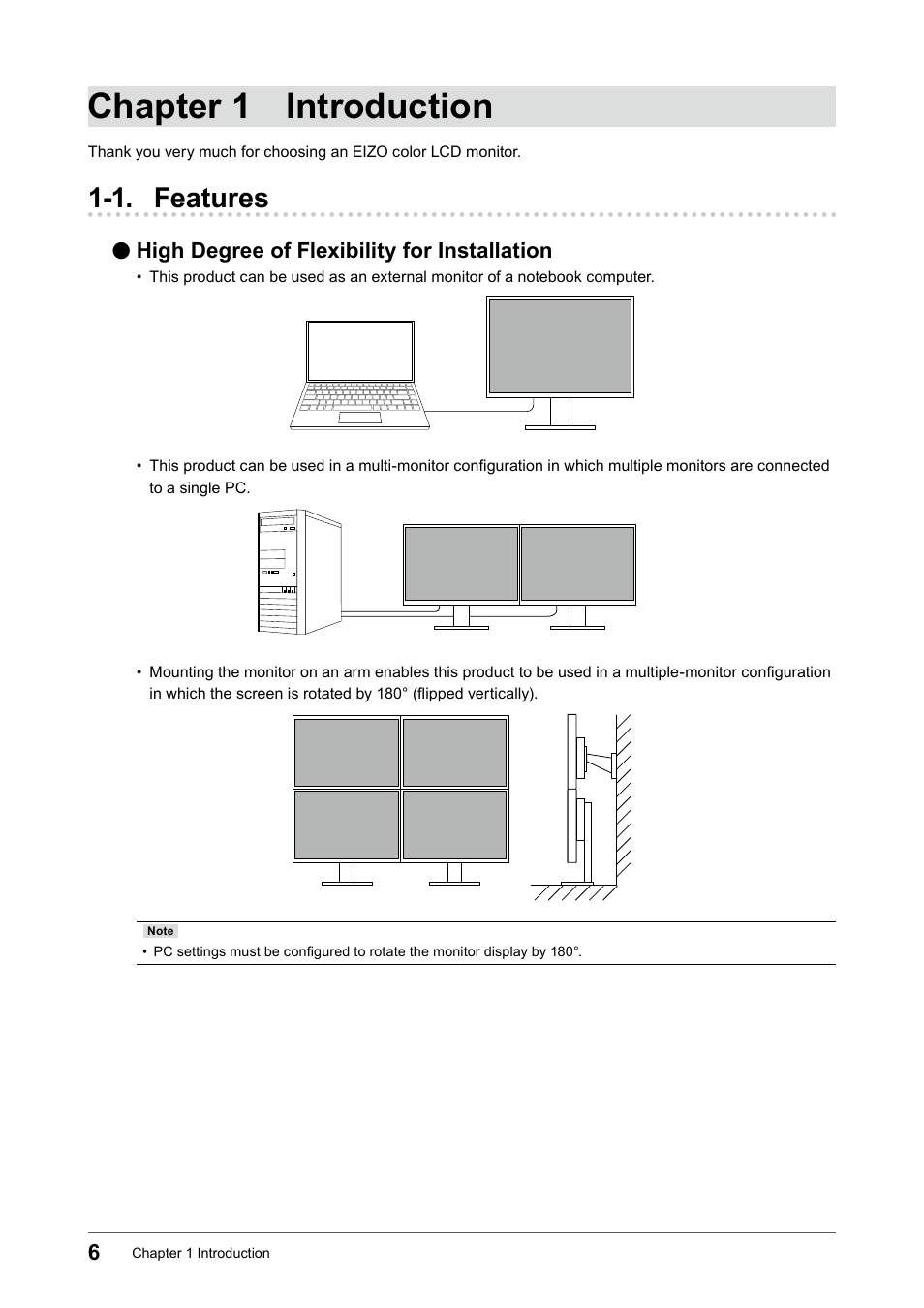 Chapter 1 introduction, 1. features, High degree of flexibility for installation | Eizo FlexScan EV2456 24.1" 16:10 IPS Monitor User Manual | Page 6 / 49