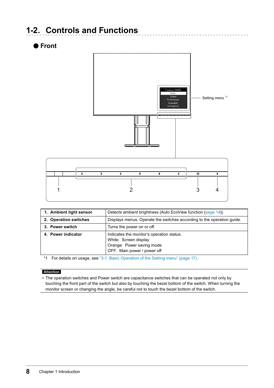 2. controls and functions, Front | Eizo FlexScan EV2456 24.1" 16:10 IPS Monitor User Manual | Page 8 / 49