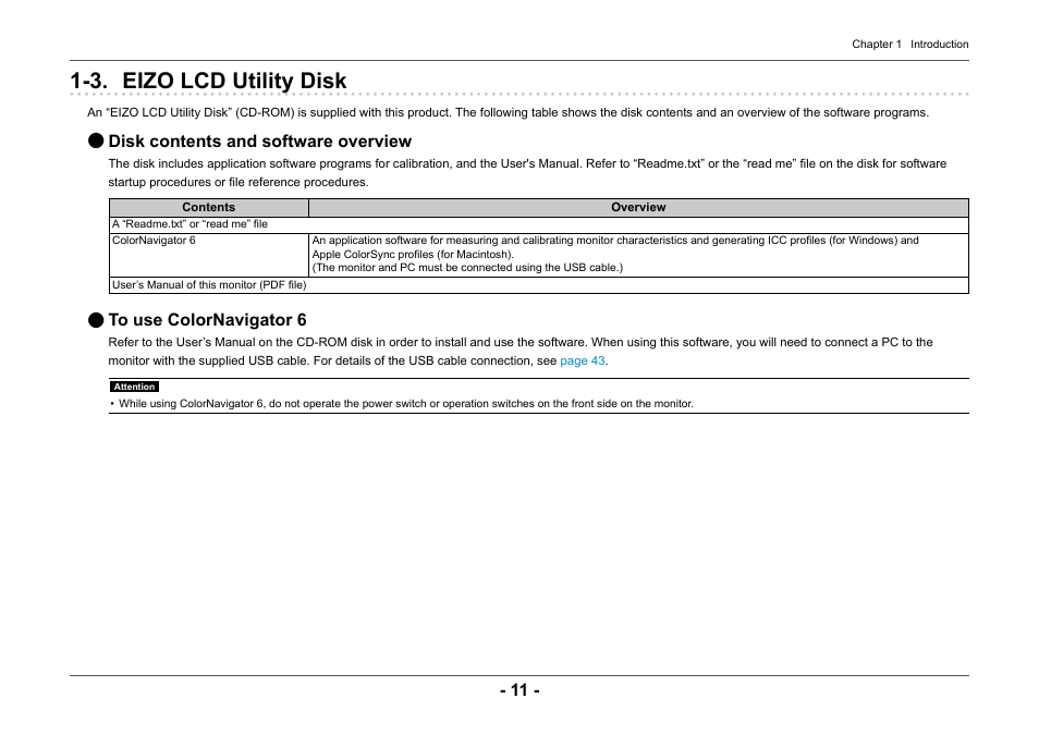 3. eizo lcd utility disk, Disk contents and software overview, To use colornavigator 6 | Eizo ColorEdge CG2420 24" 16:10 Hardware Calibration IPS Monitor User Manual | Page 11 / 68