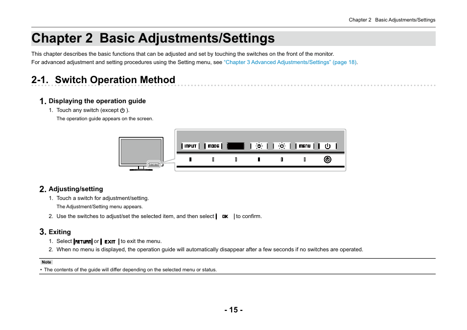 Chapter 2 basic adjustments/settings, 1. switch operation method | Eizo ColorEdge CG2420 24" 16:10 Hardware Calibration IPS Monitor User Manual | Page 15 / 68