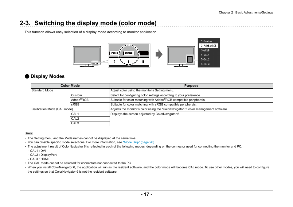 3. switching the display mode (color mode), Display modes | Eizo ColorEdge CG2420 24" 16:10 Hardware Calibration IPS Monitor User Manual | Page 17 / 68
