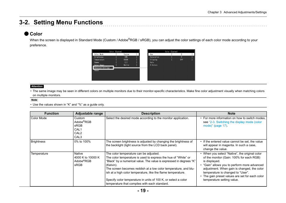 2. setting menu functions, Color | Eizo ColorEdge CG2420 24" 16:10 Hardware Calibration IPS Monitor User Manual | Page 19 / 68