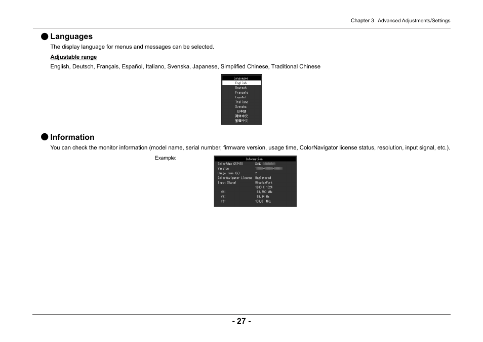 Languages, Information | Eizo ColorEdge CG2420 24" 16:10 Hardware Calibration IPS Monitor User Manual | Page 27 / 68