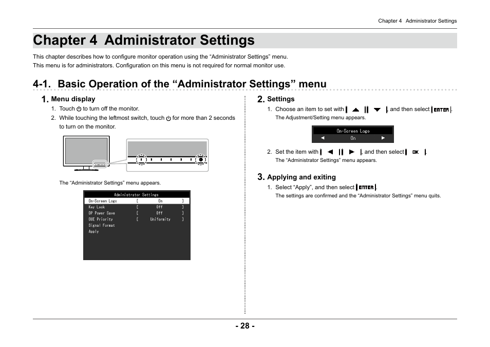 Chapter 4 administrator settings | Eizo ColorEdge CG2420 24" 16:10 Hardware Calibration IPS Monitor User Manual | Page 28 / 68