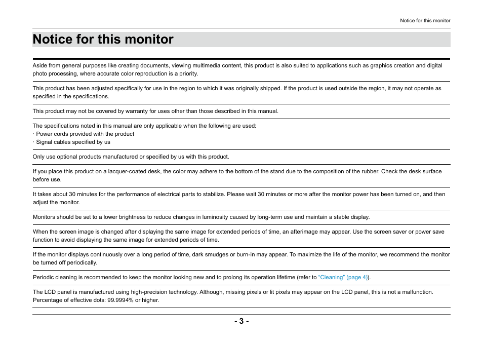 Notice for this monitor | Eizo ColorEdge CG2420 24" 16:10 Hardware Calibration IPS Monitor User Manual | Page 3 / 68