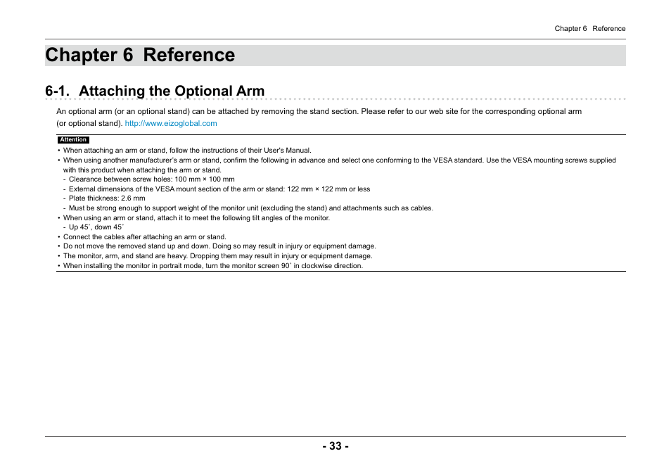 Chapter 6 reference, 1. attaching the optional arm | Eizo ColorEdge CG2420 24" 16:10 Hardware Calibration IPS Monitor User Manual | Page 33 / 68