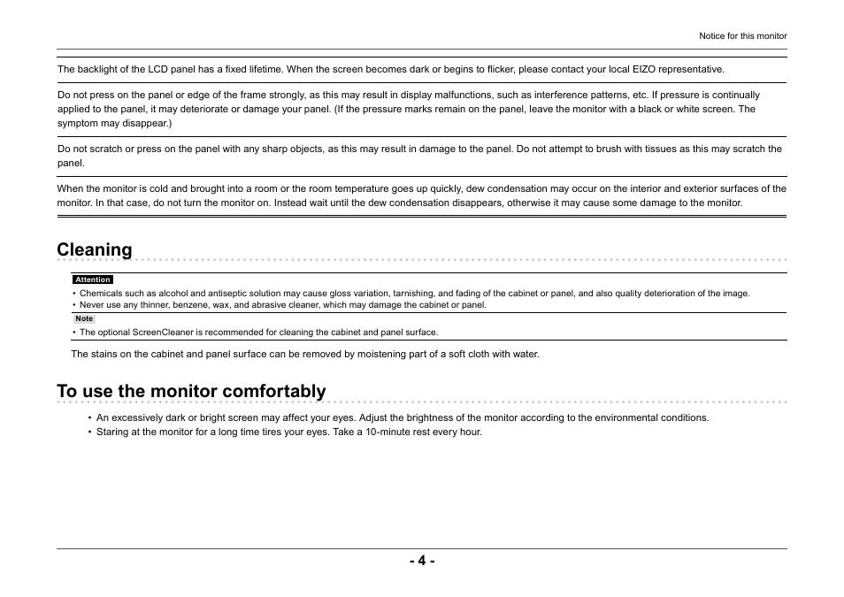 Cleaning, To use the monitor comfortably | Eizo ColorEdge CG2420 24" 16:10 Hardware Calibration IPS Monitor User Manual | Page 4 / 68