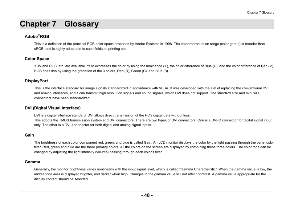 Chapter 7 glossary | Eizo ColorEdge CG2420 24" 16:10 Hardware Calibration IPS Monitor User Manual | Page 48 / 68