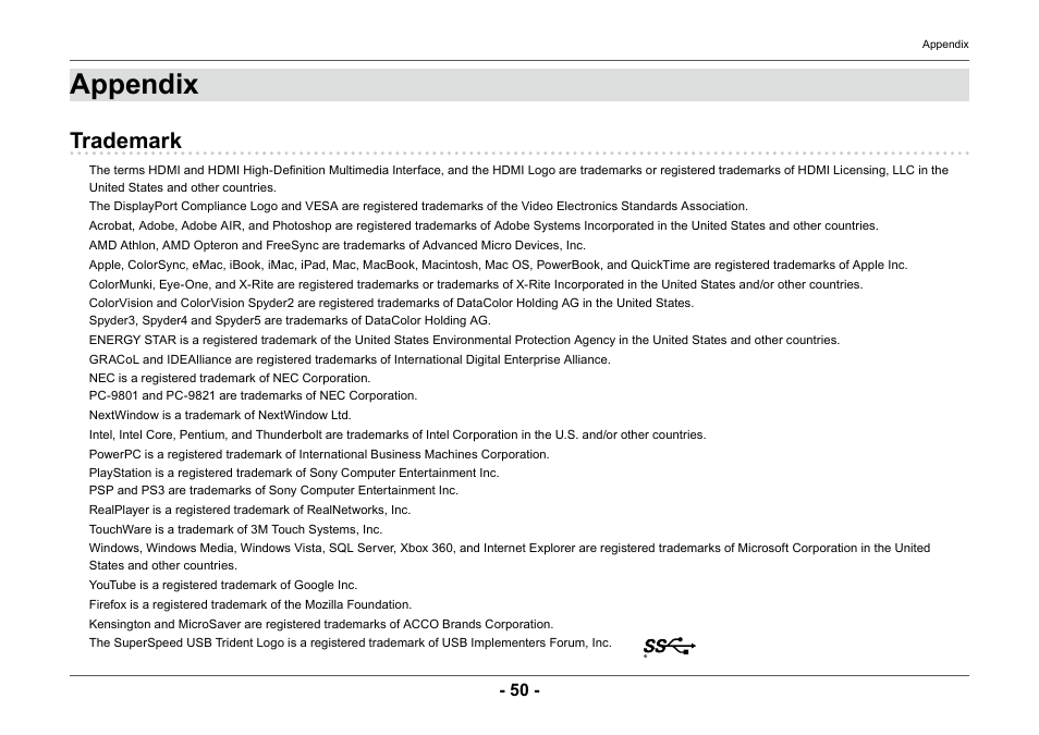 Appendix, Trademark | Eizo ColorEdge CG2420 24" 16:10 Hardware Calibration IPS Monitor User Manual | Page 50 / 68