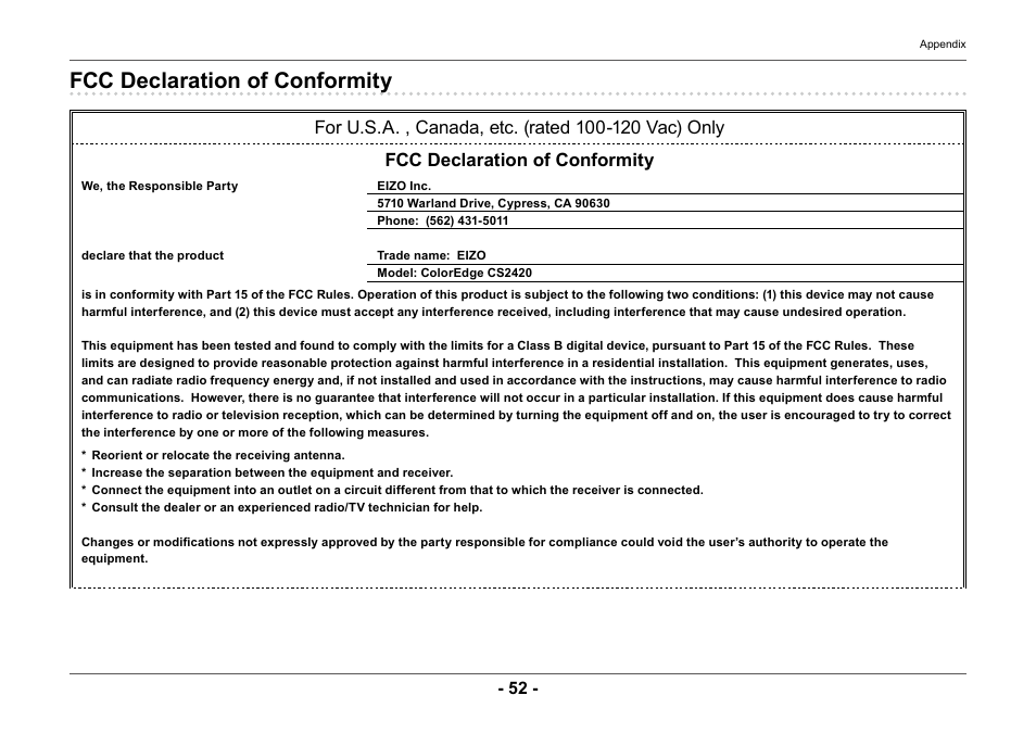 Fcc declaration of conformity | Eizo ColorEdge CG2420 24" 16:10 Hardware Calibration IPS Monitor User Manual | Page 52 / 68