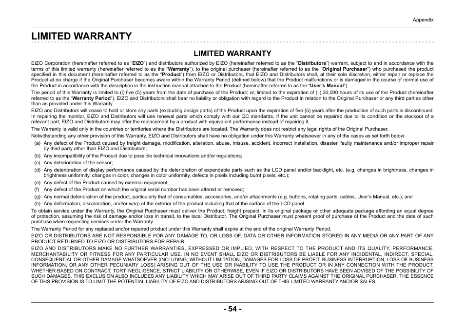 Limited warranty | Eizo ColorEdge CG2420 24" 16:10 Hardware Calibration IPS Monitor User Manual | Page 54 / 68
