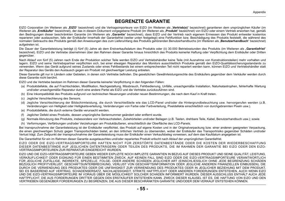 Begrenzte garantie | Eizo ColorEdge CG2420 24" 16:10 Hardware Calibration IPS Monitor User Manual | Page 55 / 68