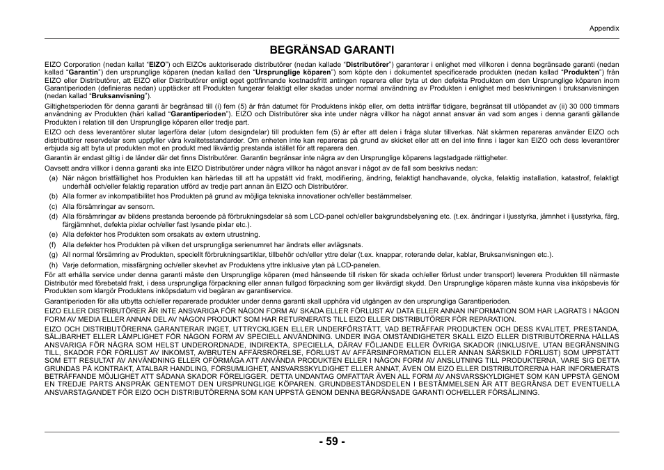 Begränsad garanti | Eizo ColorEdge CG2420 24" 16:10 Hardware Calibration IPS Monitor User Manual | Page 59 / 68