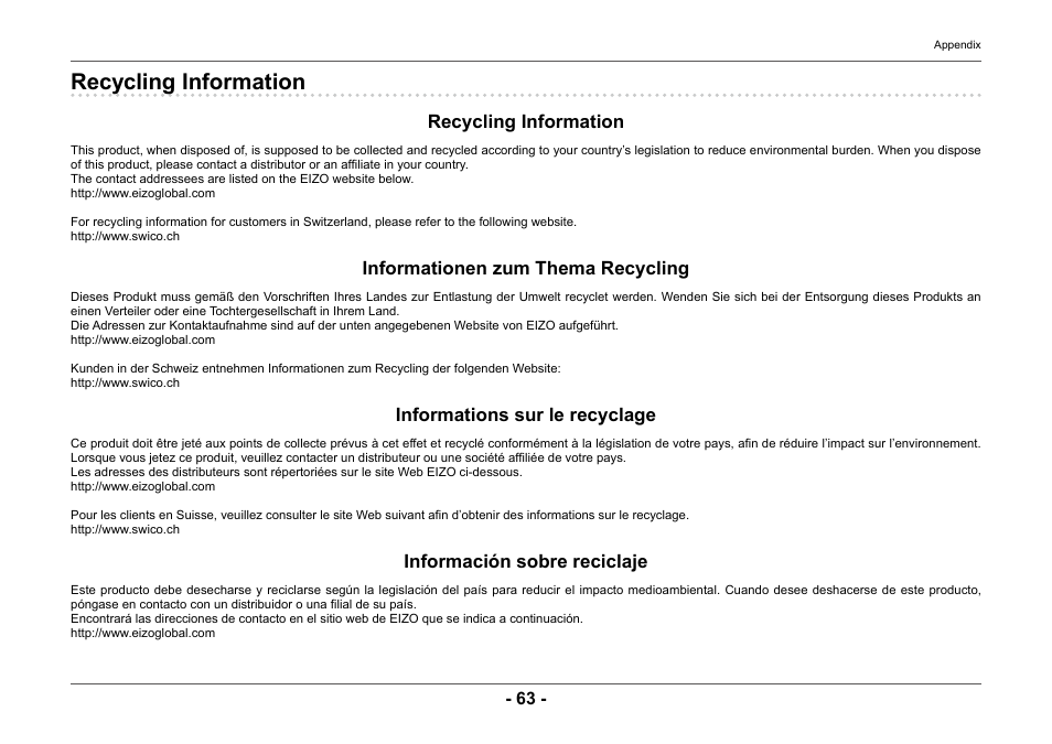 Recycling information, Informationen zum thema recycling, Informations sur le recyclage | Información sobre reciclaje | Eizo ColorEdge CG2420 24" 16:10 Hardware Calibration IPS Monitor User Manual | Page 63 / 68