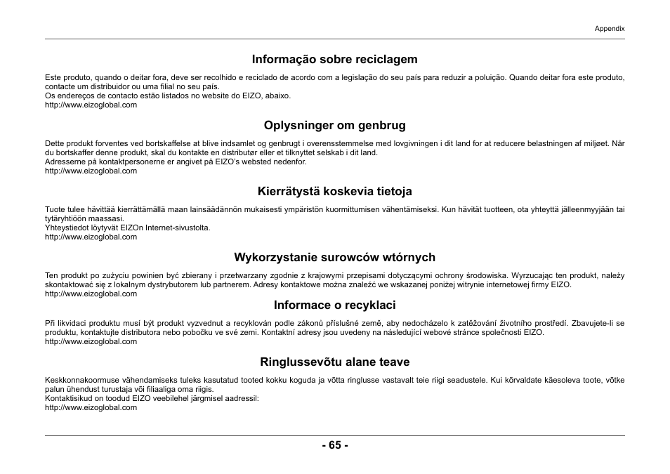 Informação sobre reciclagem, Oplysninger om genbrug, Kierrätystä koskevia tietoja | Wykorzystanie surowców wtórnych, Informace o recyklaci, Ringlussevõtu alane teave | Eizo ColorEdge CG2420 24" 16:10 Hardware Calibration IPS Monitor User Manual | Page 65 / 68