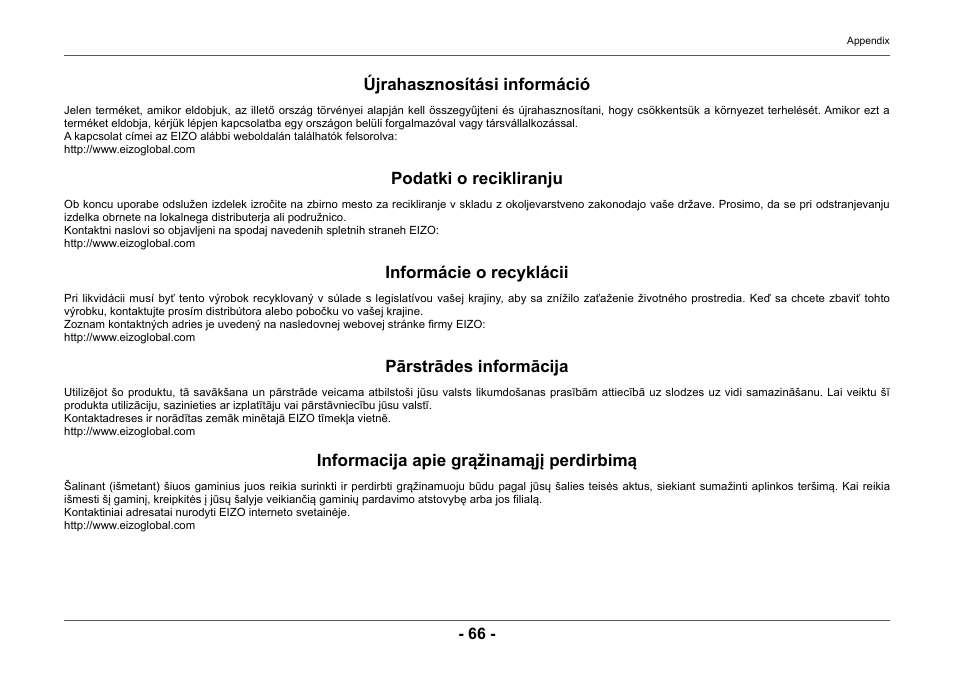 Újrahasznosítási információ, Podatki o recikliranju, Informácie o recyklácii | Pārstrādes informācija, Informacija apie grąžinamąjį perdirbimą | Eizo ColorEdge CG2420 24" 16:10 Hardware Calibration IPS Monitor User Manual | Page 66 / 68