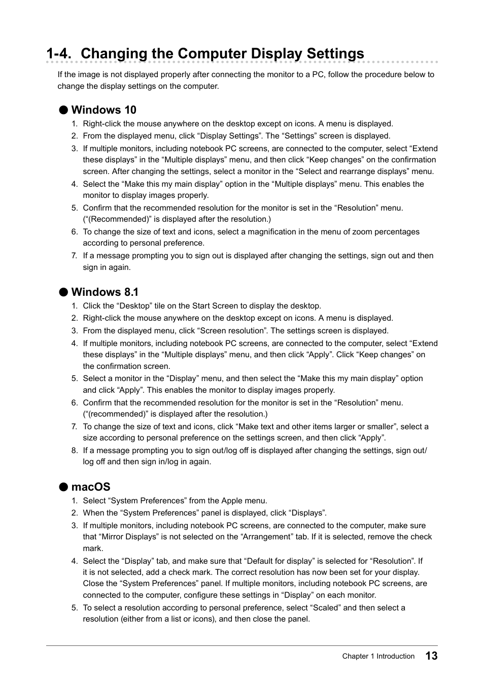 4. changing the computer display settings, Windows 10, Windows 8.1 | Macos | Eizo FlexScan EV3895FX-BK 37.5" 24:10 Ultrawide Curved IPS Monitor (Black) User Manual | Page 13 / 49