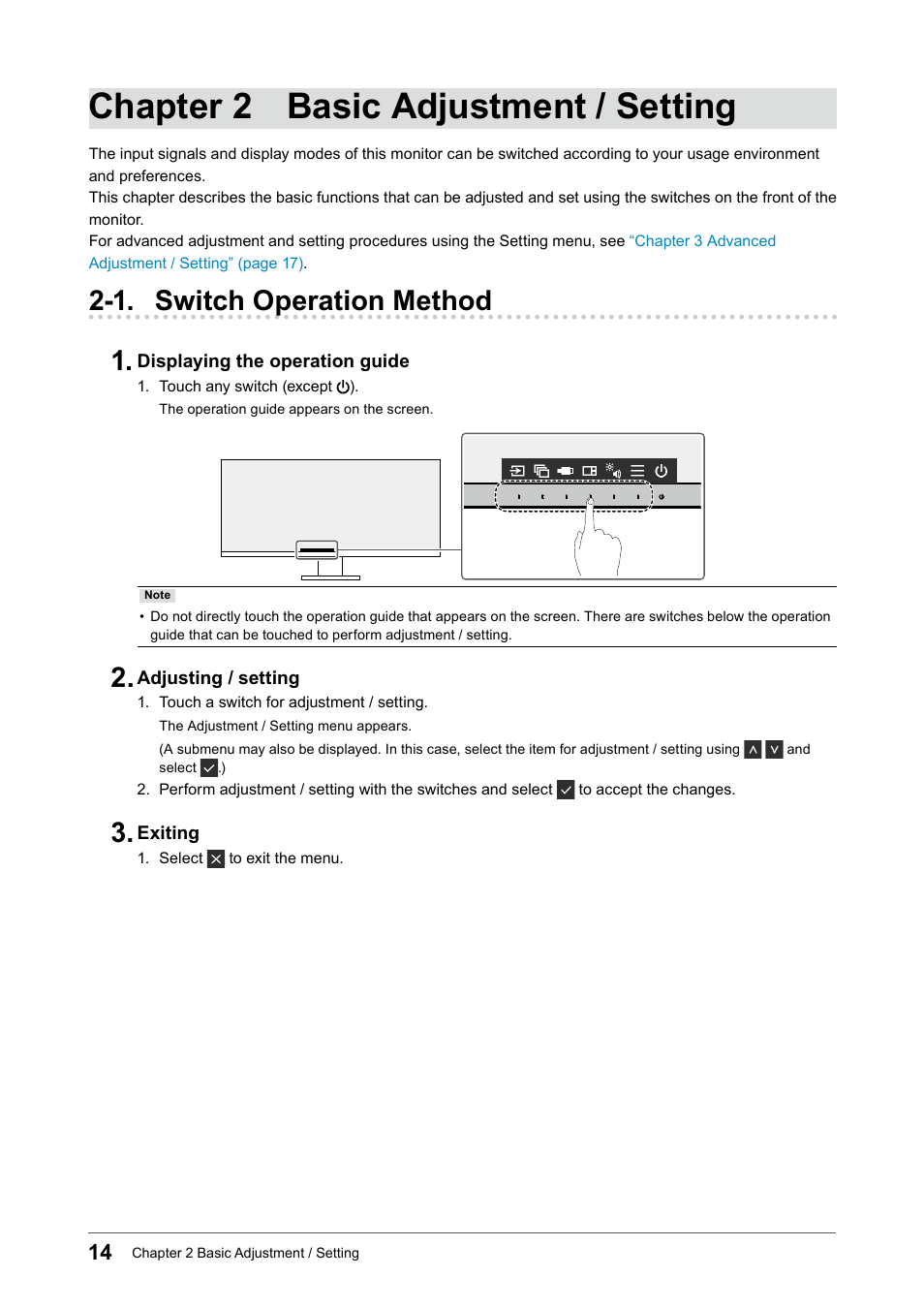 Chapter 2 basic adjustment / setting, 1. switch operation method, 1. switch operation method 1 | Eizo FlexScan EV3895FX-BK 37.5" 24:10 Ultrawide Curved IPS Monitor (Black) User Manual | Page 14 / 49