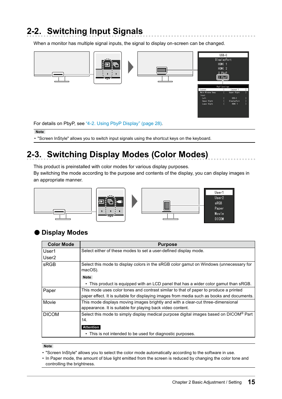 2. switching input signals, 3. switching display modes (color modes), Display modes | Eizo FlexScan EV3895FX-BK 37.5" 24:10 Ultrawide Curved IPS Monitor (Black) User Manual | Page 15 / 49