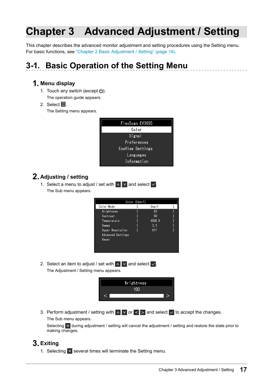 Chapter 3 advanced adjustment / setting, 1. basic operation of the setting menu, 1. basic operation of the setting menu 1 | Eizo FlexScan EV3895FX-BK 37.5" 24:10 Ultrawide Curved IPS Monitor (Black) User Manual | Page 17 / 49