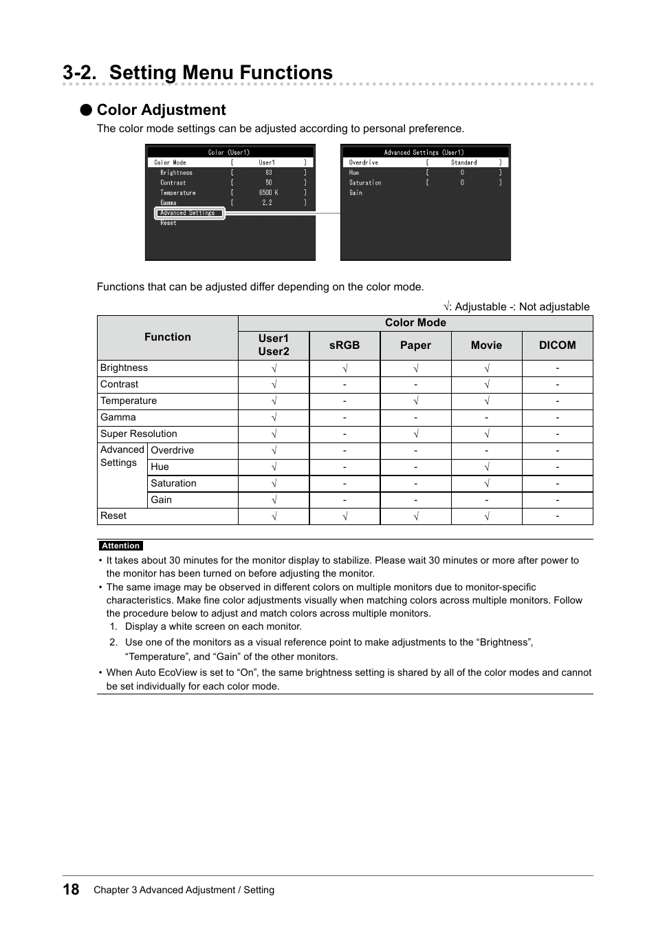 2. setting menu functions, Color adjustment | Eizo FlexScan EV3895FX-BK 37.5" 24:10 Ultrawide Curved IPS Monitor (Black) User Manual | Page 18 / 49