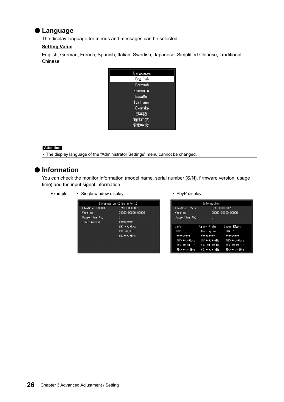 Language, Information | Eizo FlexScan EV3895FX-BK 37.5" 24:10 Ultrawide Curved IPS Monitor (Black) User Manual | Page 26 / 49