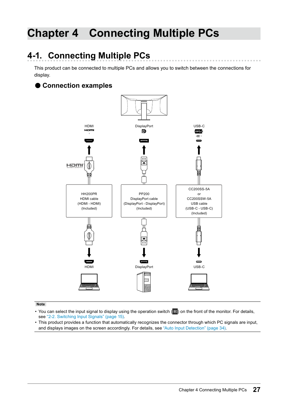 Chapter 4 connecting multiple pcs, 1. connecting multiple pcs, Connection examples | Eizo FlexScan EV3895FX-BK 37.5" 24:10 Ultrawide Curved IPS Monitor (Black) User Manual | Page 27 / 49