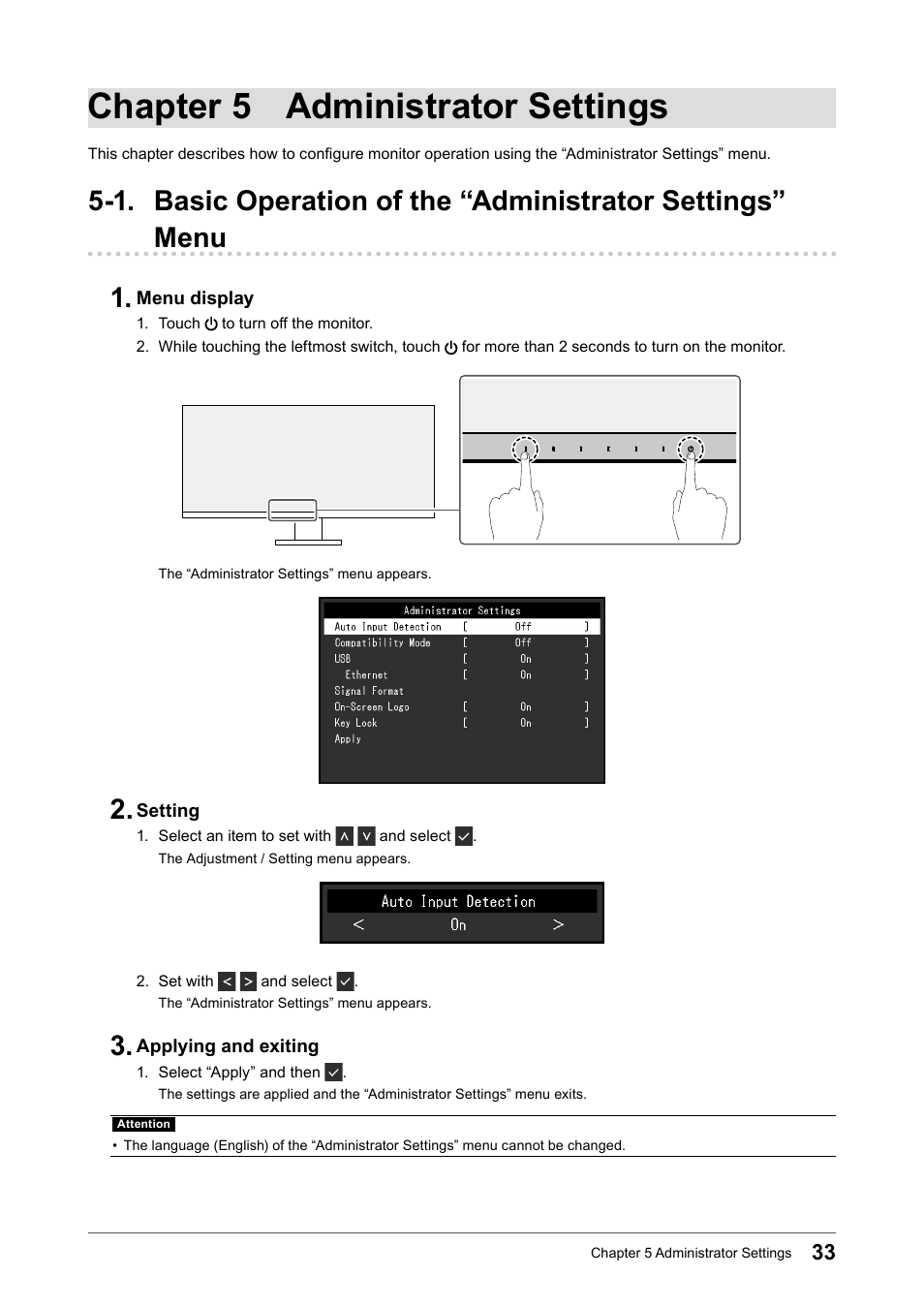 Chapter 5 administrator settings, 1. basic operation of the “administrator, Settings” menu | Eizo FlexScan EV3895FX-BK 37.5" 24:10 Ultrawide Curved IPS Monitor (Black) User Manual | Page 33 / 49