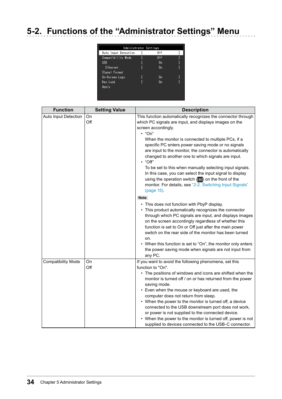 2. functions of the “administrator settings” menu, 2. functions of the “administrator, Settings” menu | Eizo FlexScan EV3895FX-BK 37.5" 24:10 Ultrawide Curved IPS Monitor (Black) User Manual | Page 34 / 49