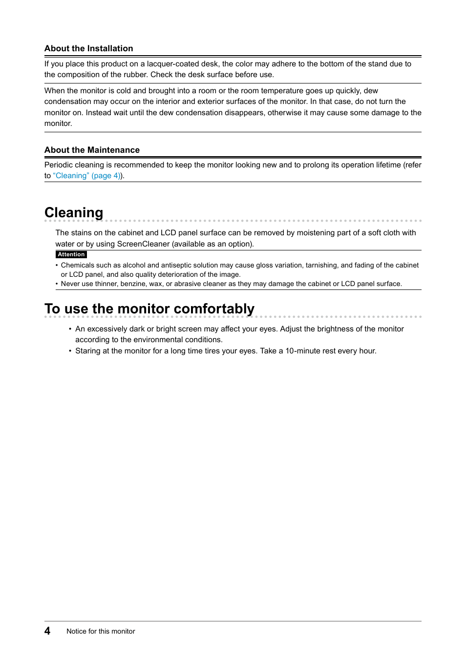 Cleaning, To use the monitor comfortably | Eizo FlexScan EV3895FX-BK 37.5" 24:10 Ultrawide Curved IPS Monitor (Black) User Manual | Page 4 / 49