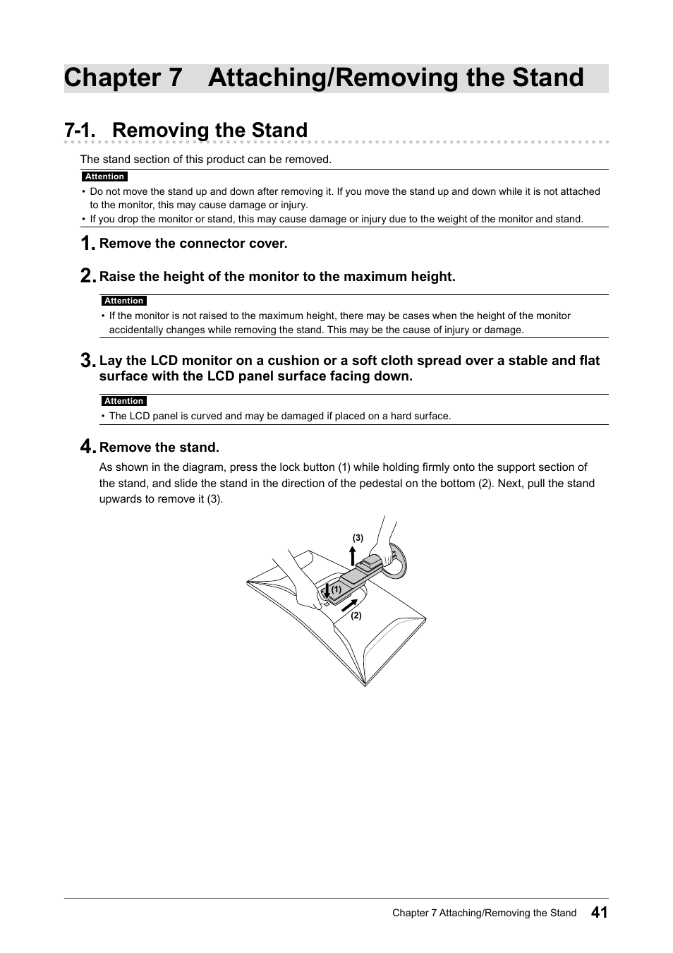 Chapter 7 attaching/removing the stand, 1. removing the stand | Eizo FlexScan EV3895FX-BK 37.5" 24:10 Ultrawide Curved IPS Monitor (Black) User Manual | Page 41 / 49