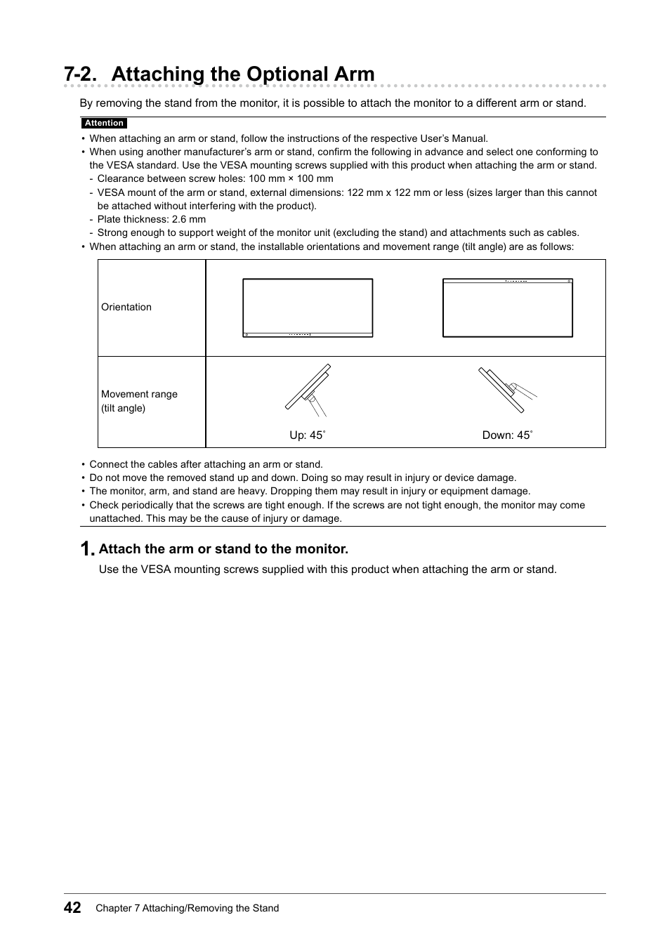 2. attaching the optional arm, Attach the arm or stand to the monitor | Eizo FlexScan EV3895FX-BK 37.5" 24:10 Ultrawide Curved IPS Monitor (Black) User Manual | Page 42 / 49